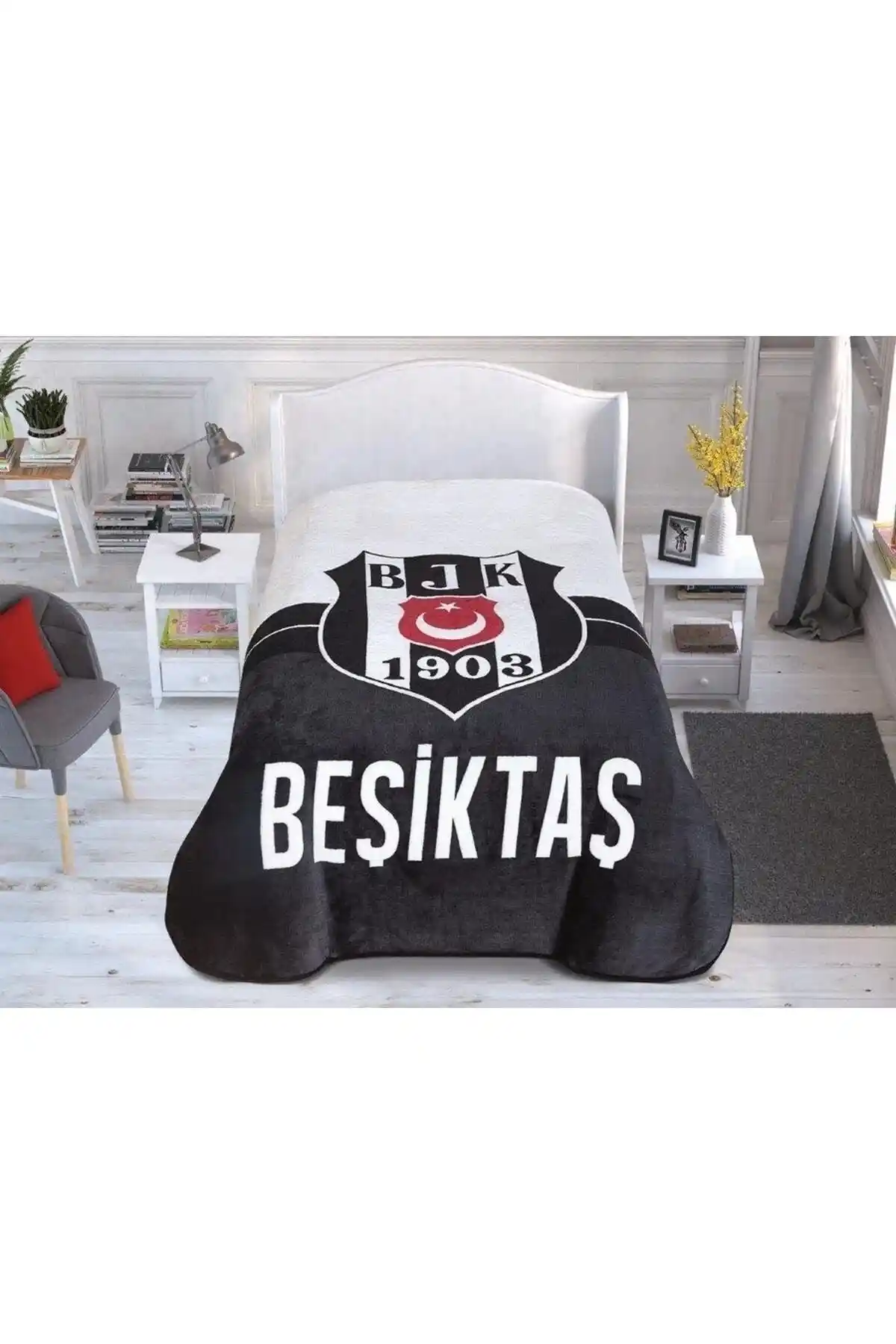 Beşiktaş 1903 Lisanslı Tek Kişilik Siyah Battaniye Sıcak Tutucu ve Şık Tasarım