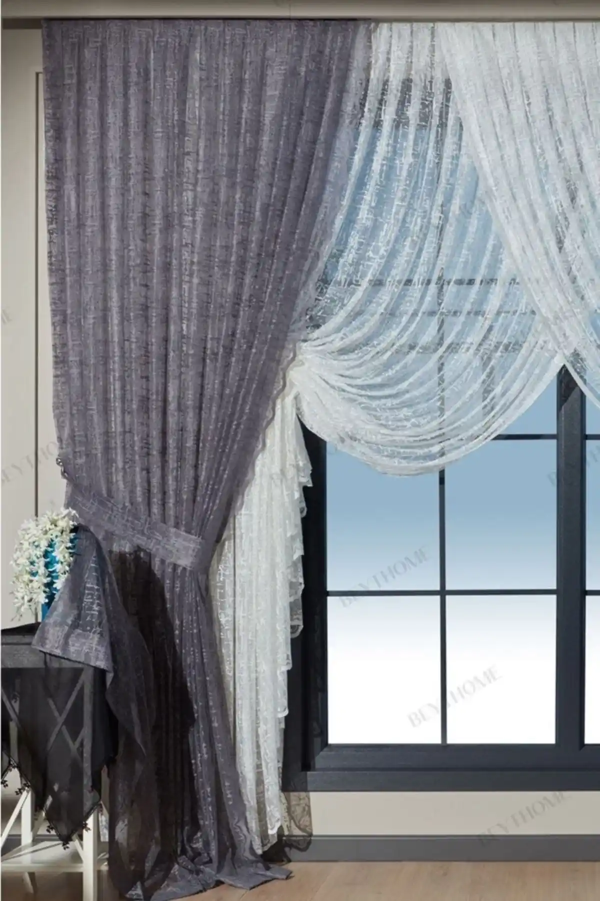 Beythome Gri Mozaik Bağcıklı Tül Fon Perde 2 Kanat Modern ve Kolay Kullanım için