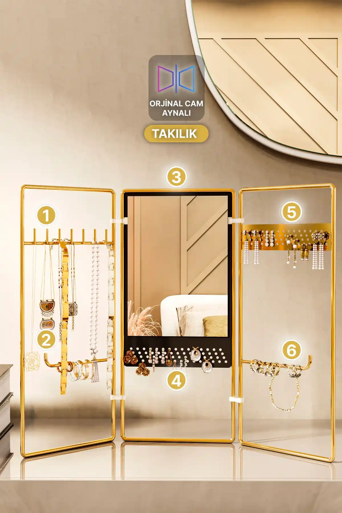 Bino Takı Standı: Şık ve Fonksiyonel Metal Takı Organizeri ve Makyaj Aynası