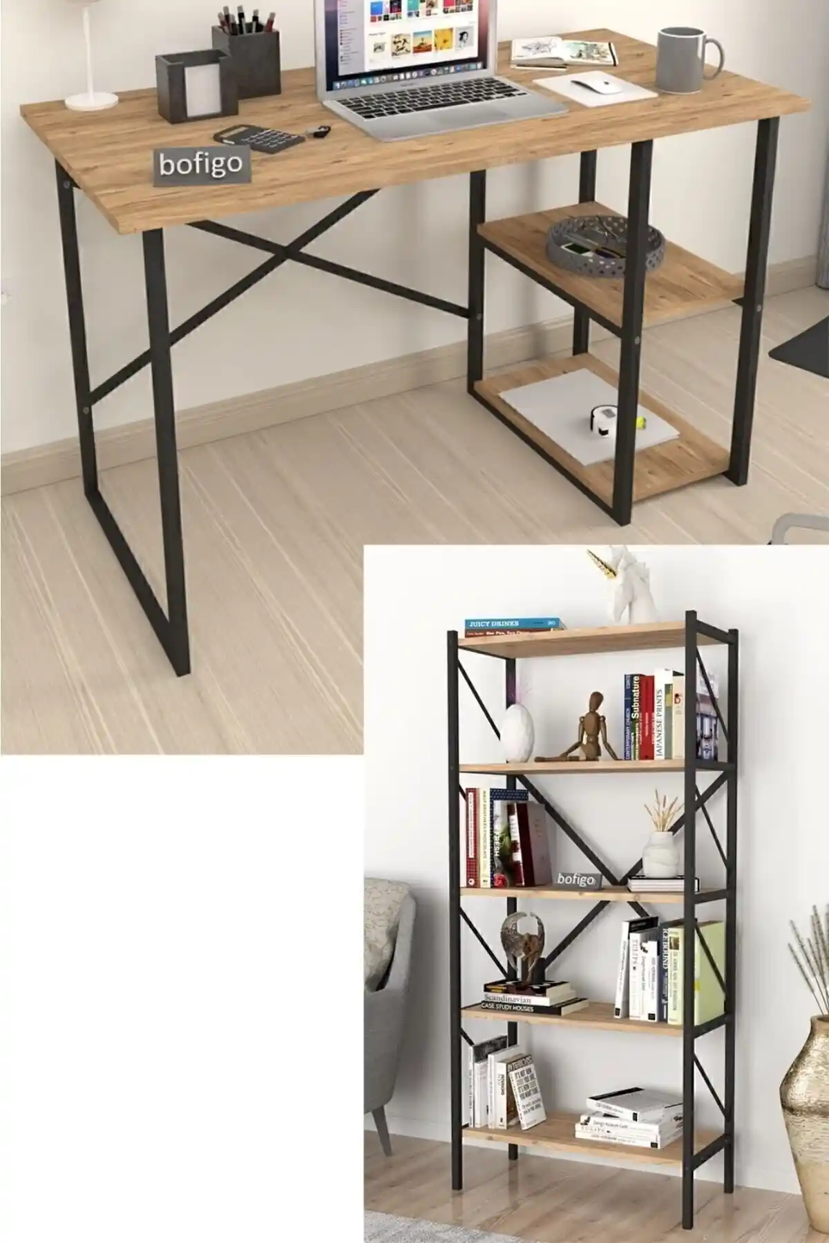Bofigo 2 Raflı Çalışma Masası ve Kitaplık Seti Modern Tasarım ile Fonksiyonellik