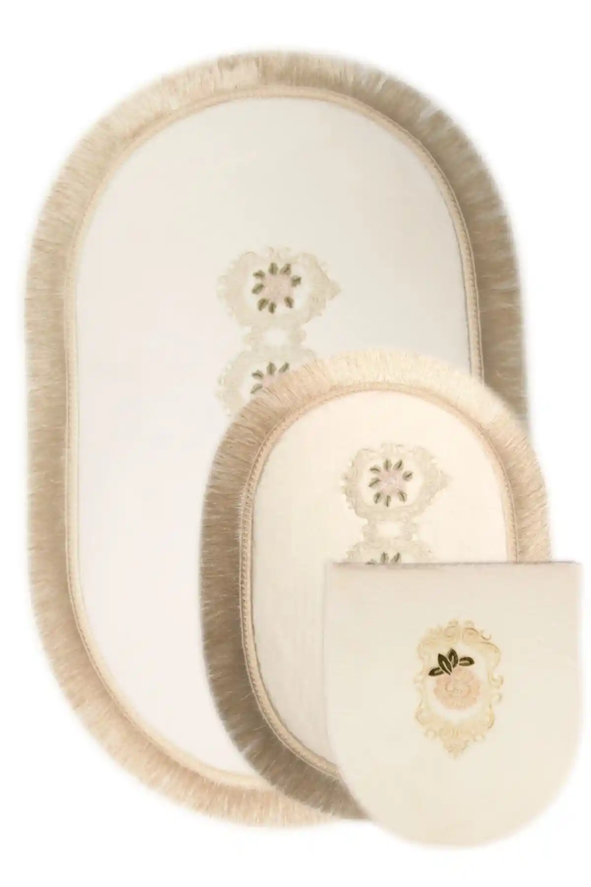 Bonny Home Shems Serisi Krem 3'lü Dantelli ve Saçaklı Banyo Seti ve Paspas