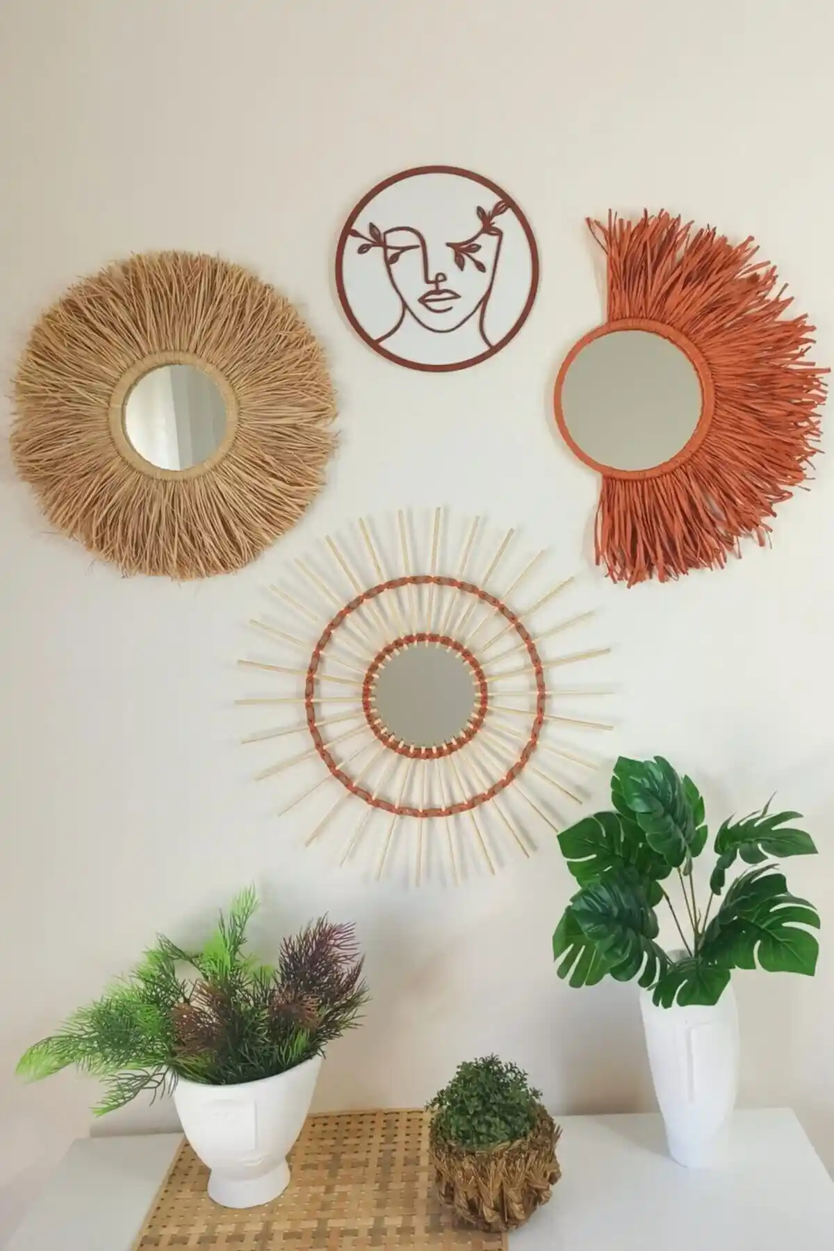 Bubihome 4'lü Kiremit Rafya ve Bambu Ayna Bohem Pano Seti Modern Dekorasyon İçin