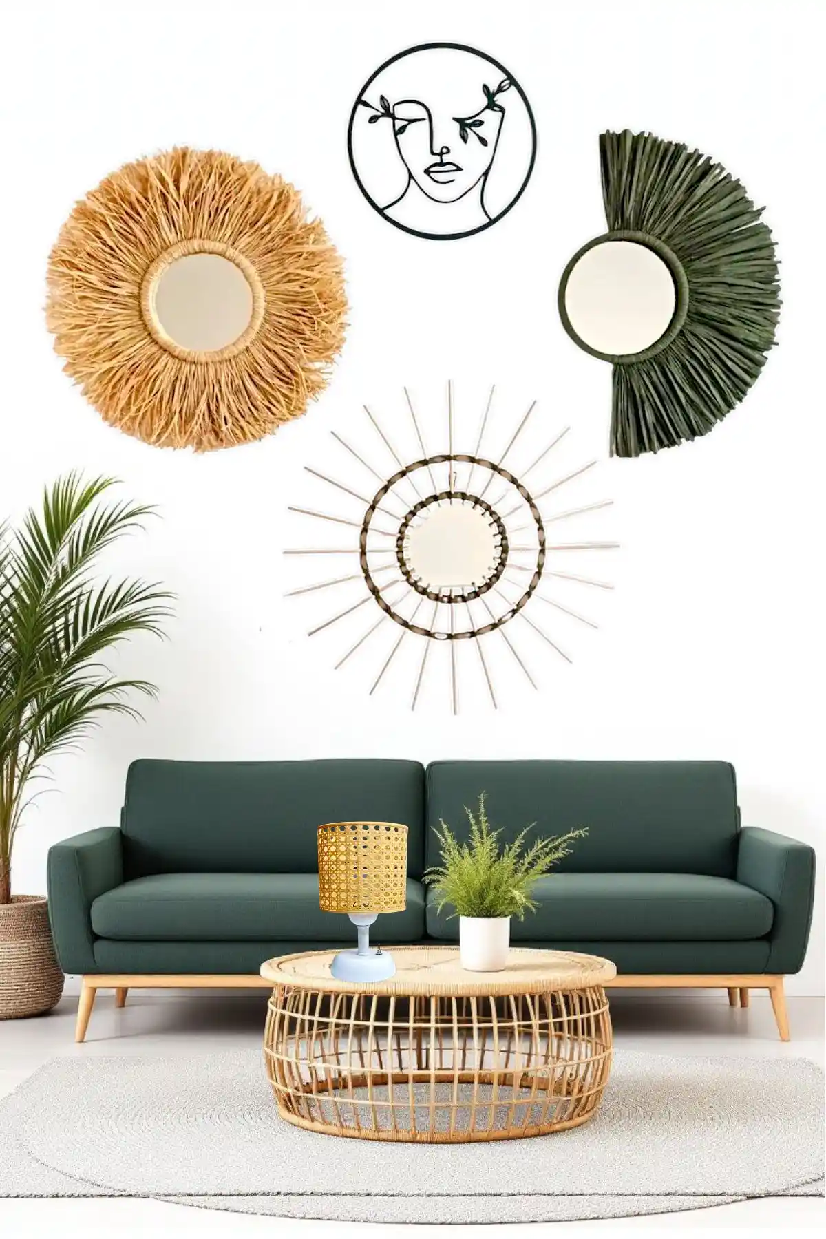 Bubihome Yeşil Rafya ve Bambu Ayna ile Bohem Tarzda Şık Duvar Dekorasyonu