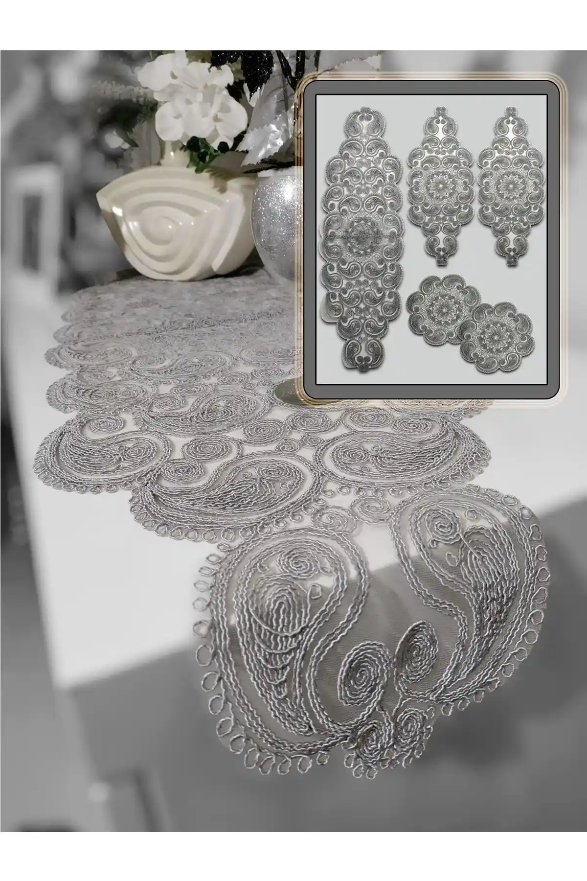 CAMİNHO DA LUA Damla 5 Parça Lüks Masa Örtüsü Takımı Modern ve Şık Tasarımıyla Ev Dekorasyonuna Zarif Dokunuş