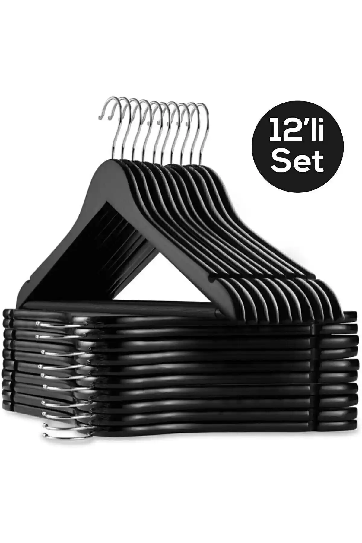 Canbay Store 12 Adet Ahşap Görünümlü Plastik A Kalite Siyah Elbise Askı Seti