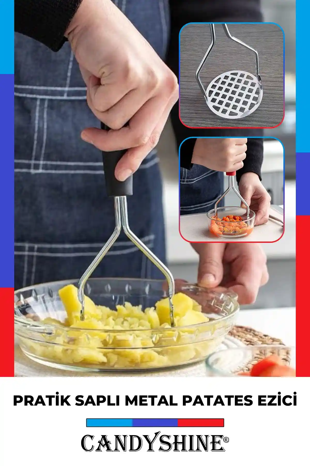 CandyShine Renkli Saplı Metal Patates Ezici: Dayanıklı ve Kullanışlı Mutfak Gereci