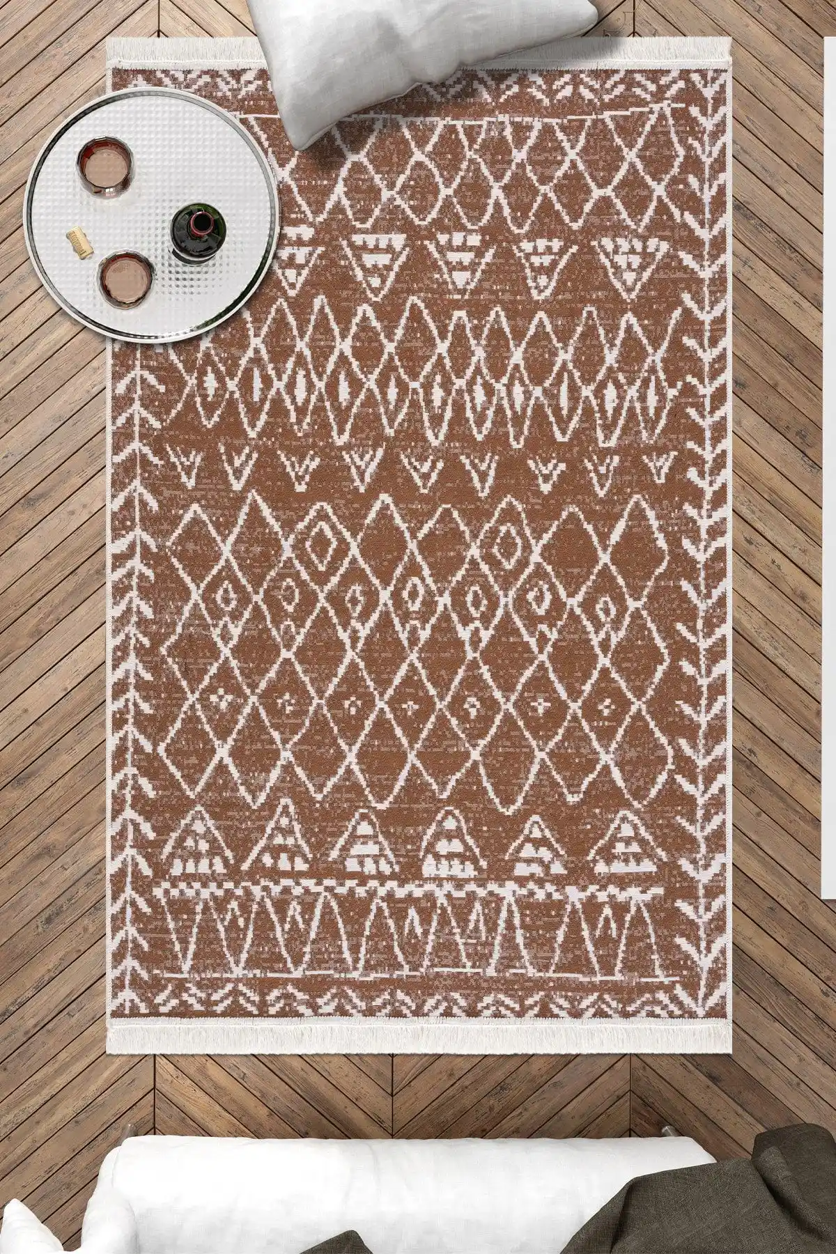 Caretta Home Kahverengi Mistik Desenli Çift Taraflı Pamuklu Kilim Halı 80x150 ve 80x300 cm