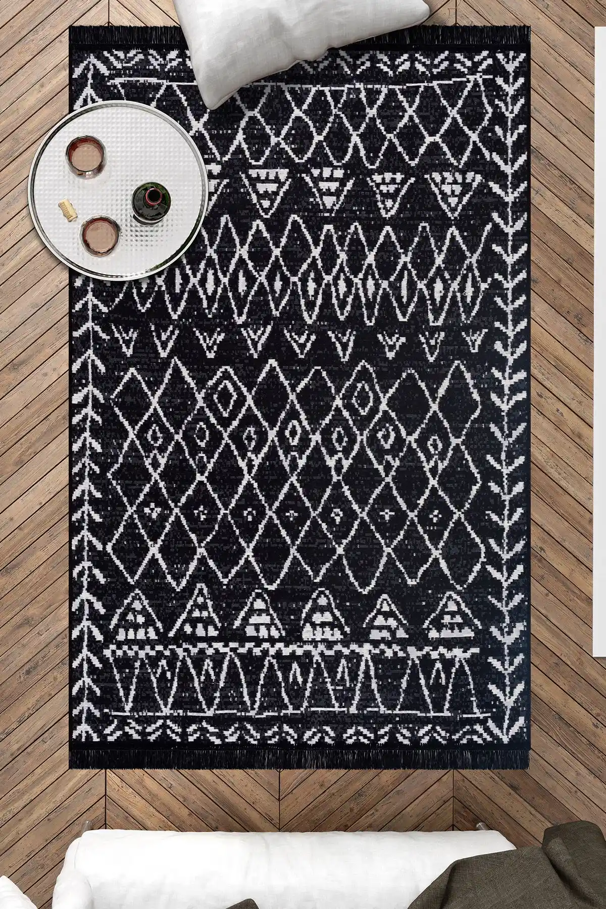 Caretta Home Siyah Mistik Serisi Çift Taraflı Yıkanabilir Pamuk Kilim Halı