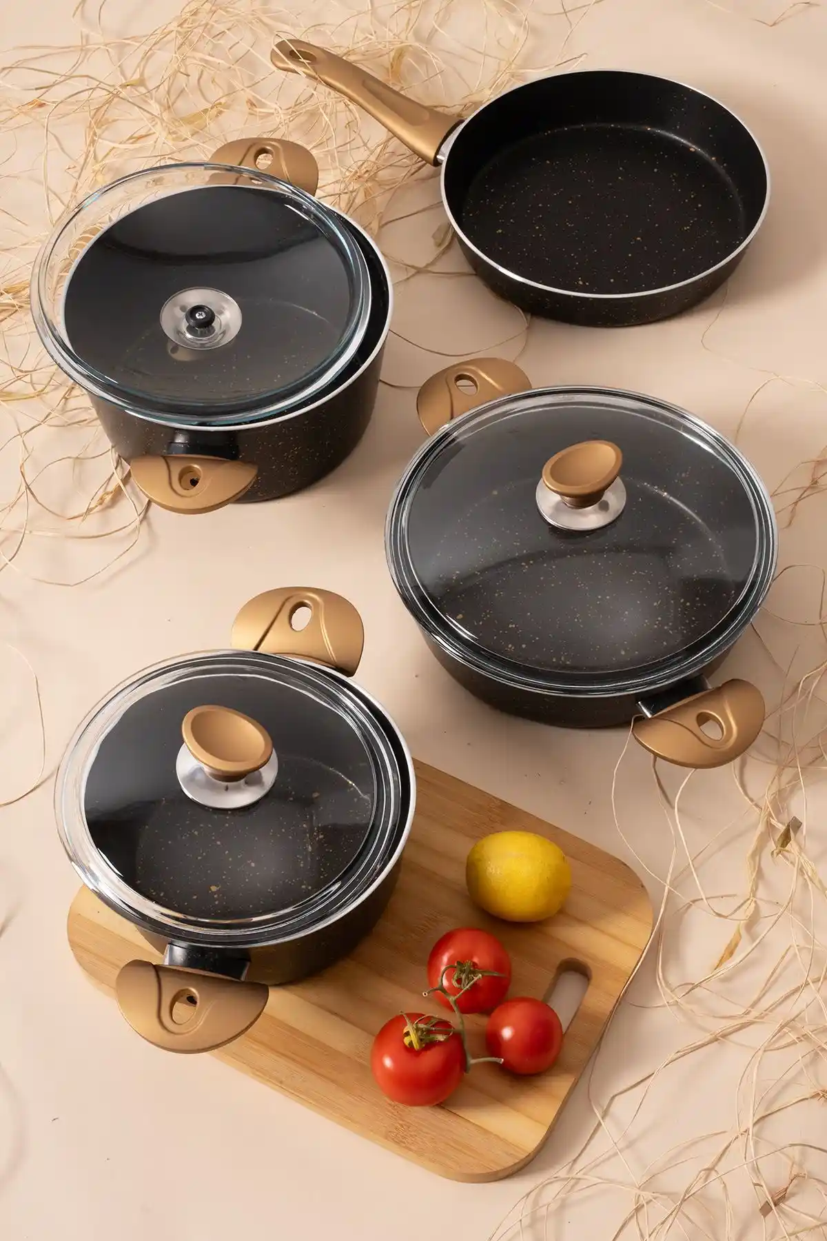 Çarşıdayız 7 Parça Tearzin Granit Siyah Tencere Seti Modern ve Dayanıklı Mutfak Gereçleri