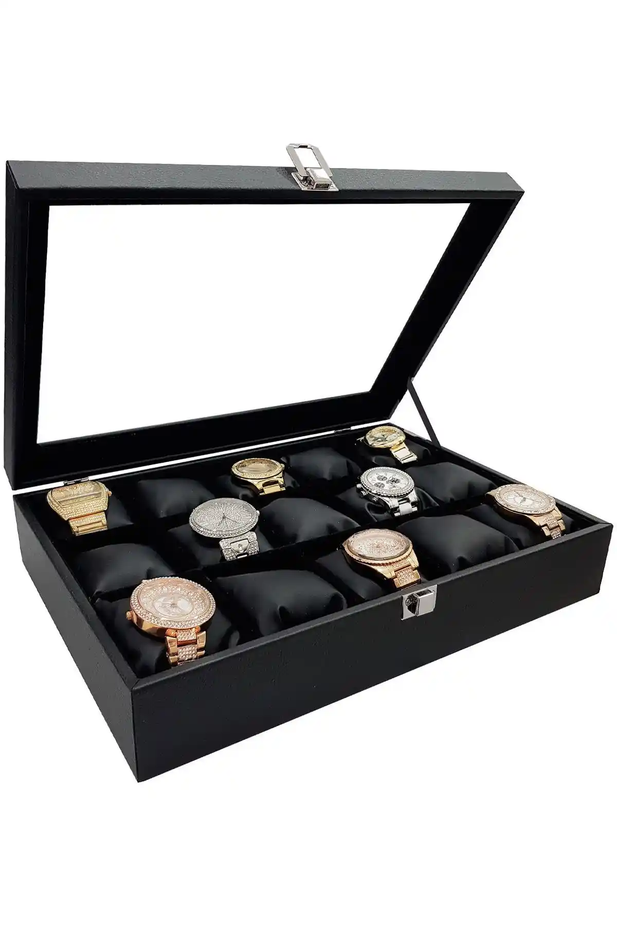 Chavin Siyah Deri 15 Li Üzeri Cam Saat Kutusu Şıklık ve Fonksiyonellik Bir Arada