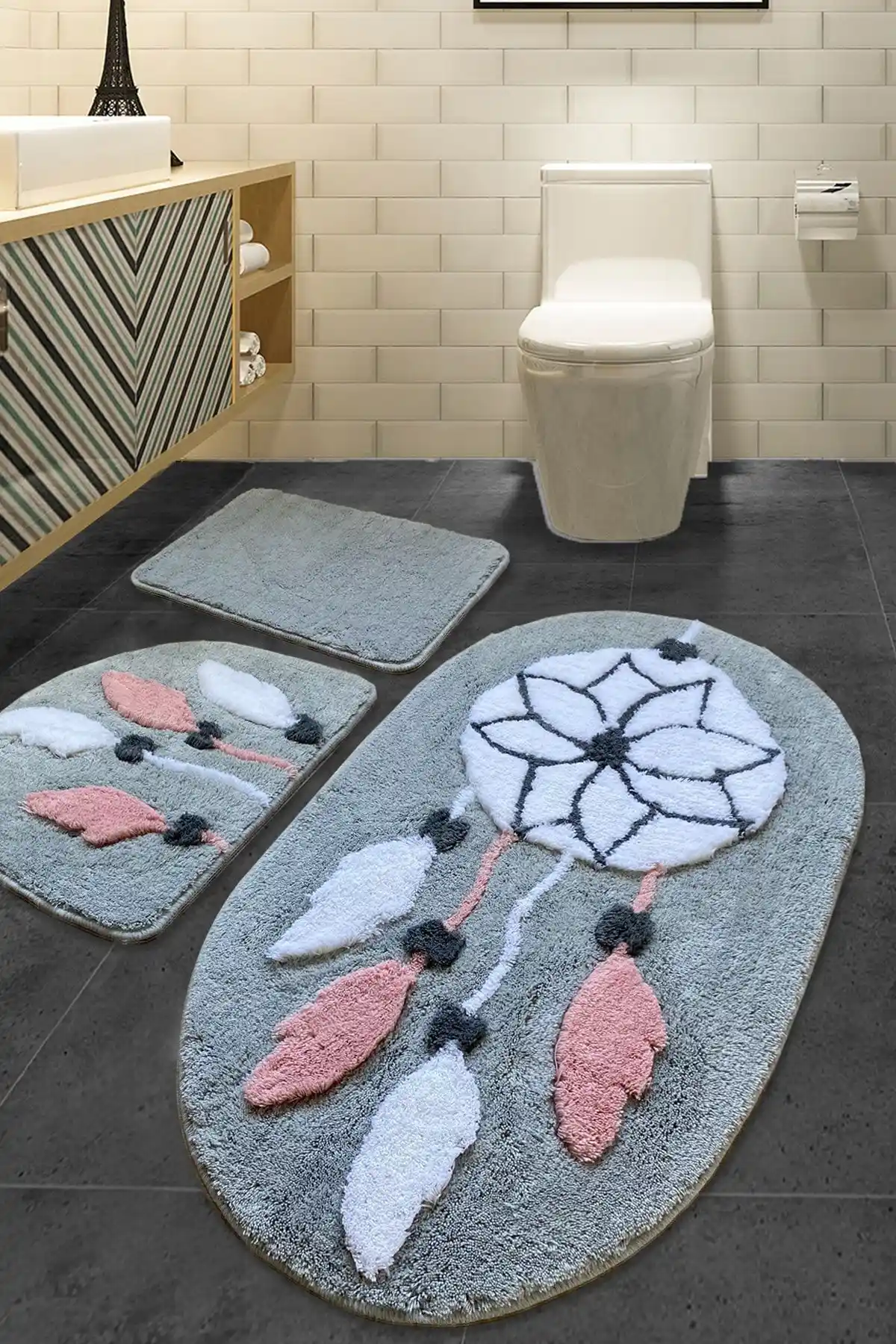 Chilai Home Rüya Gri 3'lü Banyo Halısı Seti Modern ve Dayanıklı Tasarım