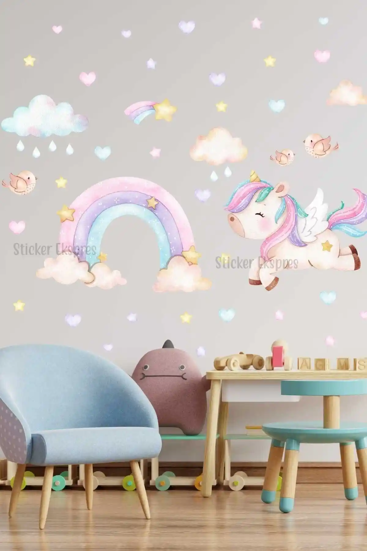 Çocuk Odaları İçin Renkli Unicorn ve Gökkuşağı Sticker Seti Dekorasyon Çözümü