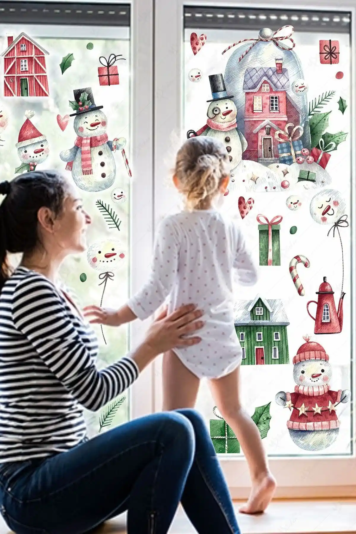 Çocuk Odaları İçin Renkli Yılbaşı Kardan Adam ve Evleri Cam Duvar Sticker Seti