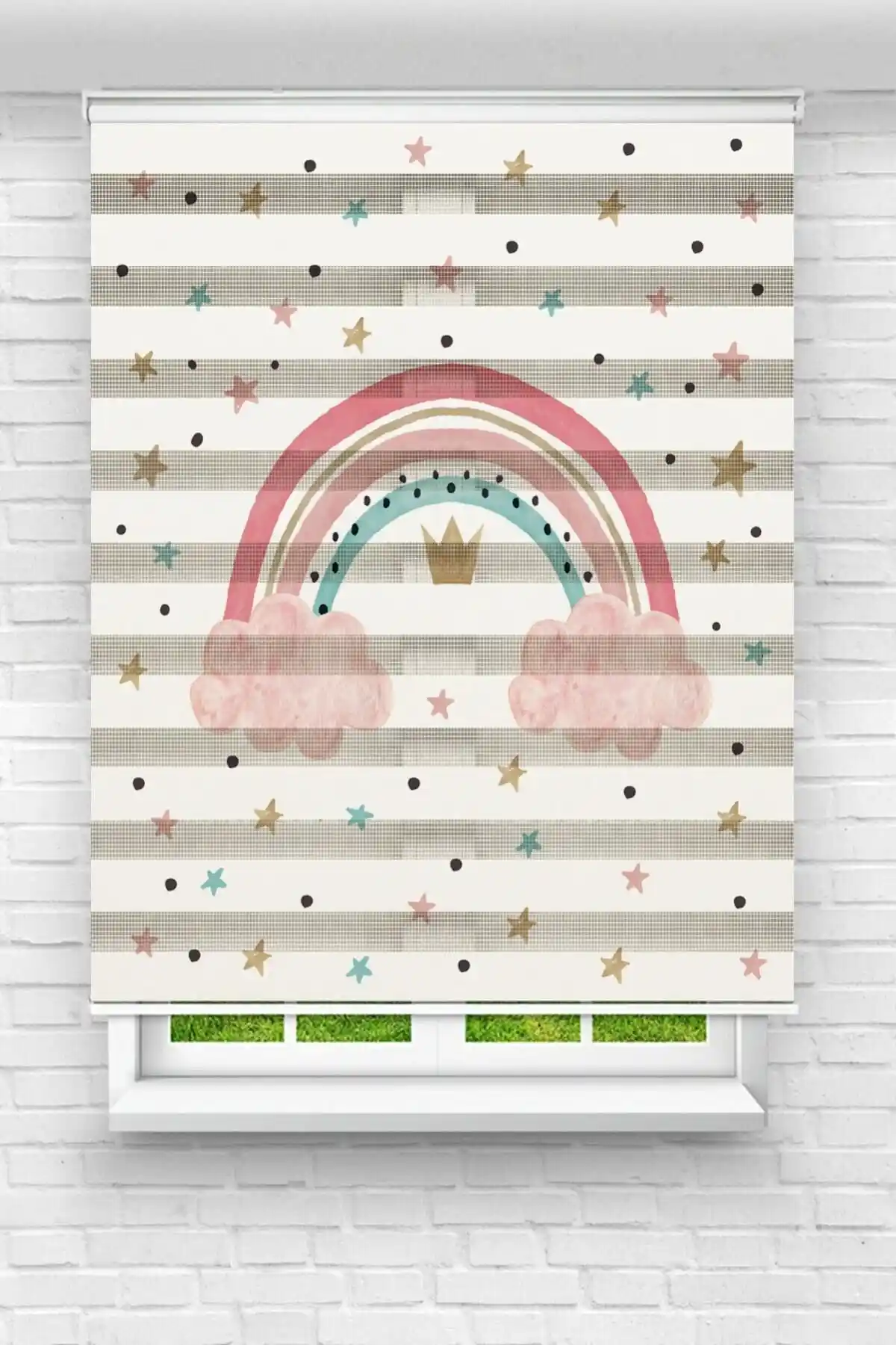 Çocuk Odası için Renkli Gökkuşağı ve Yıldızlar Baskılı Zebra Stor Perde