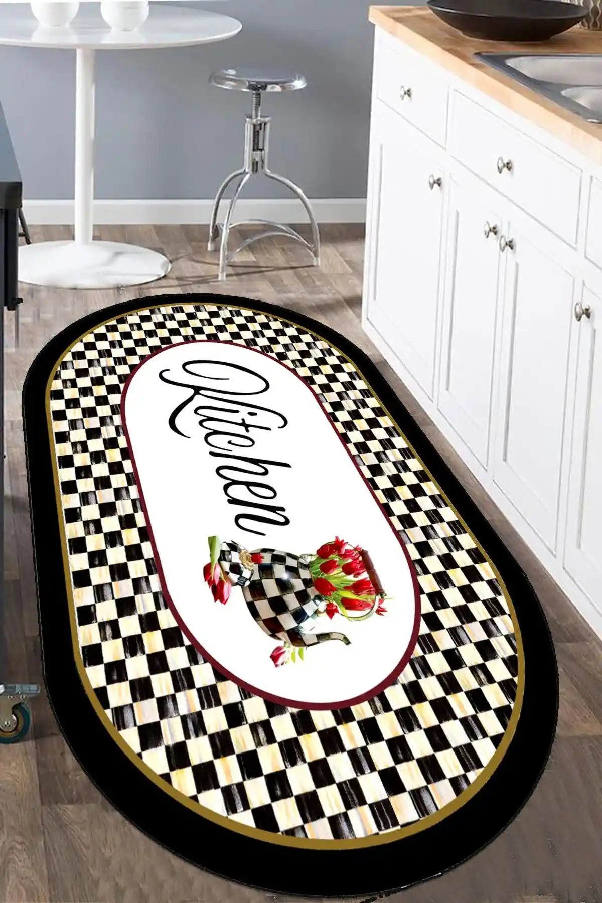 Decomia Home Yıkanabilir Çiçek Desenli Oval Mutfak Halısı 120x300 ve 200x300 cm
