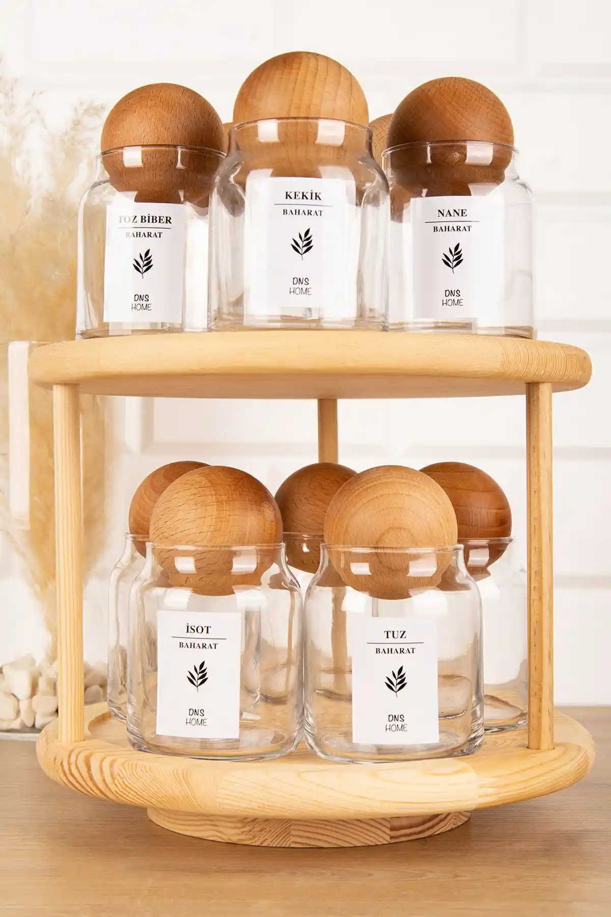 DNS HOME 10'lu Ahşap Top Kapaklı Döner Standlı Cam Baharatlık Seti ile Mutfakta Düzeni Sağlayın