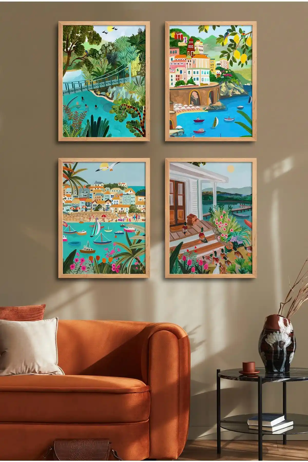 Doğal Ahşap Çerçeveli 4'lü Tablo Seti Modern ve Dayanıklı Duvar Dekoru Seçeneği