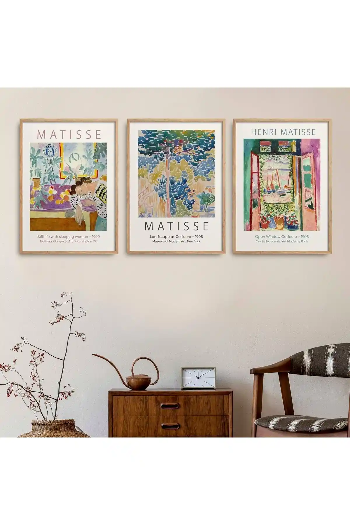 Doğal Ahşap Çerçeveli Henri Matisse 3'lü Tablo Seti Estetik ve Modern İç Dekorasyon İçin