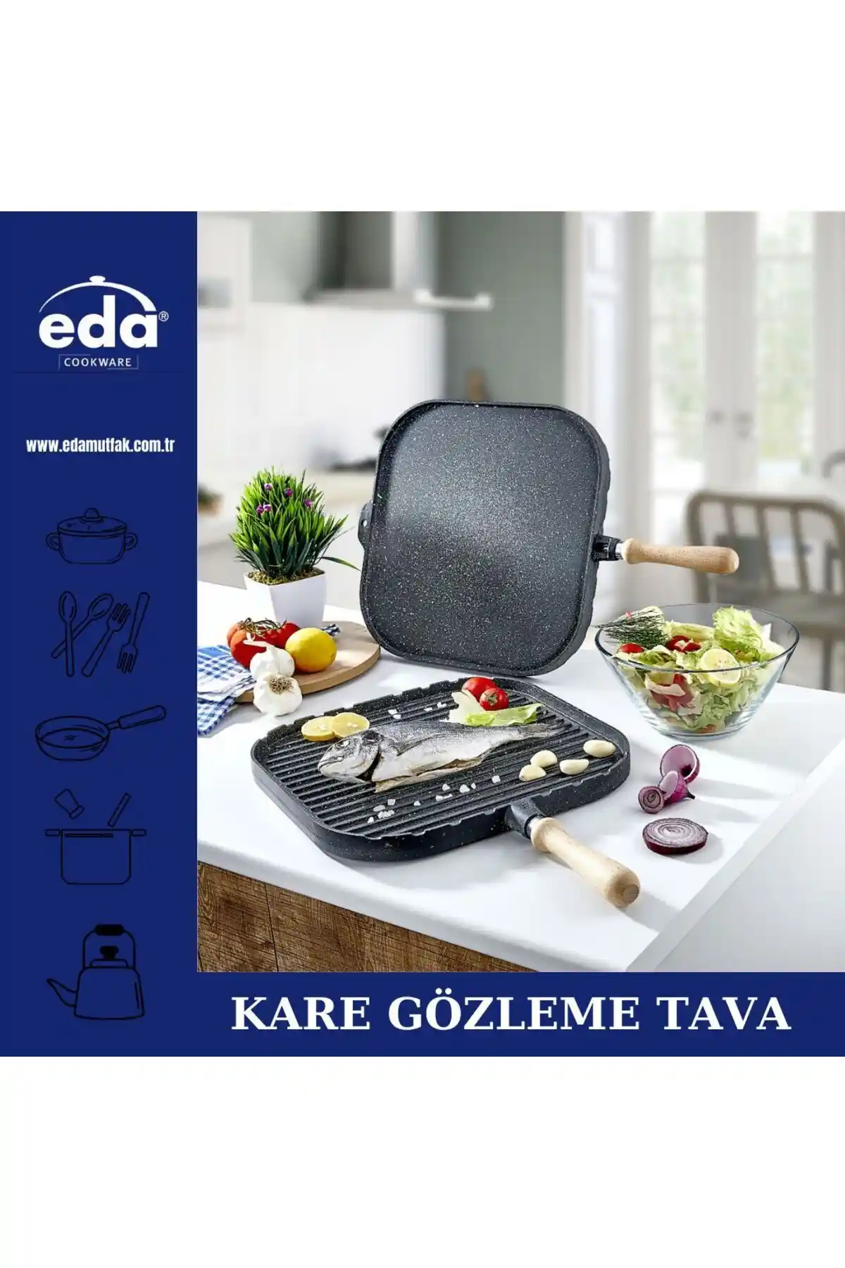 Eda Çift Taraflı 36 Cm Granit Izgara Tavası Modern ve Çok Yönlü Kullanım İmkanıyla