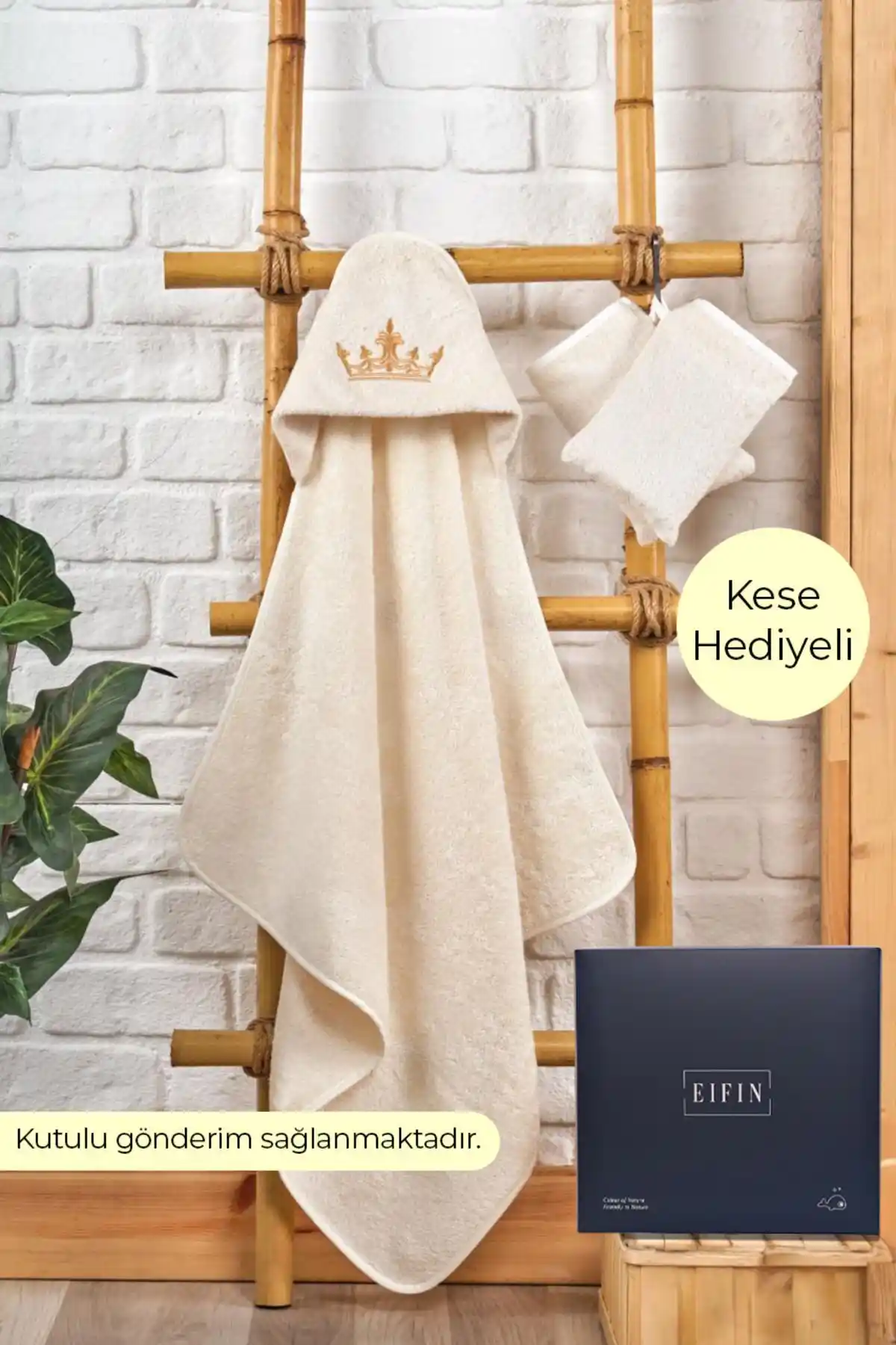 EIFIN Bambu Taç Nakışlı Bebek Havlu ve Kundak Seti - Doğal ve Şık Bebek Bakım Ürünü