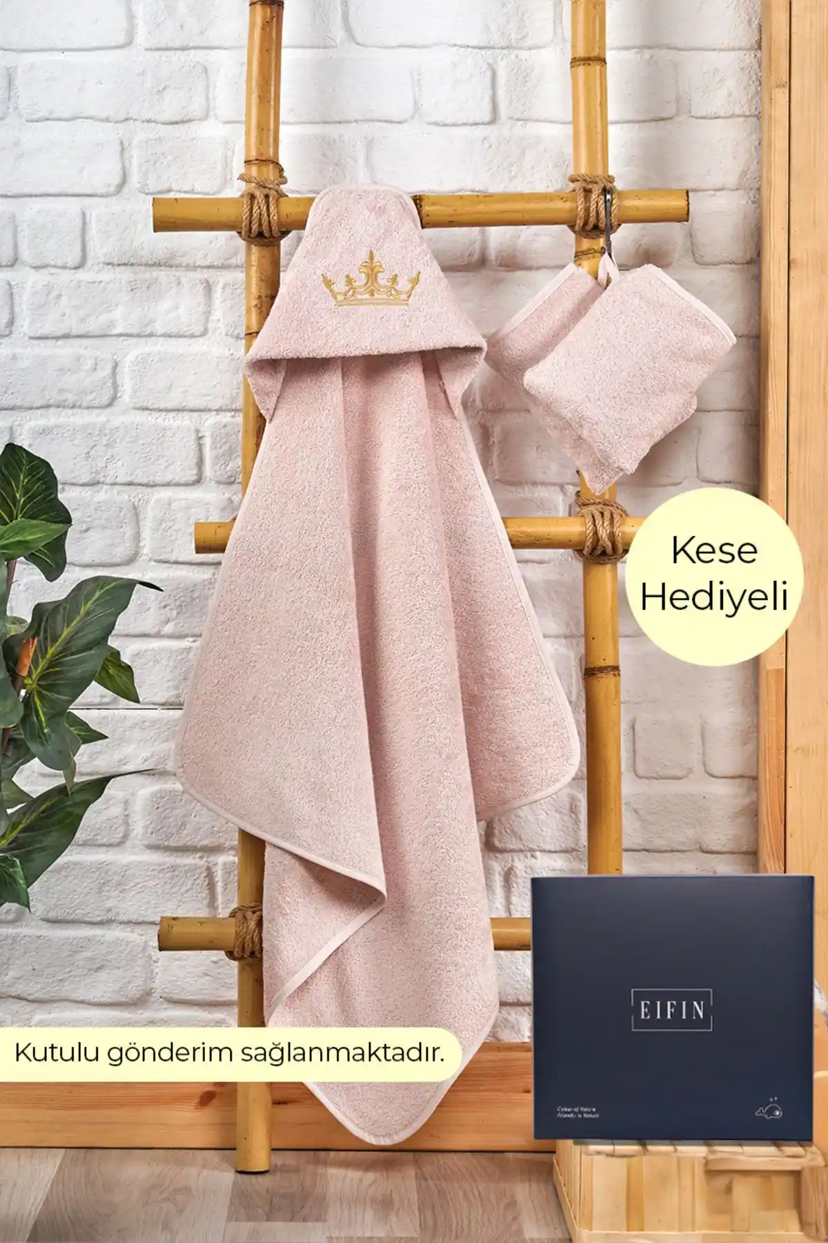 EİFİN Bambu Taç Nakışlı Bebek Havlu ve Kundak Seti Güvenli ve Estetik Bebek Bakım Ürünü