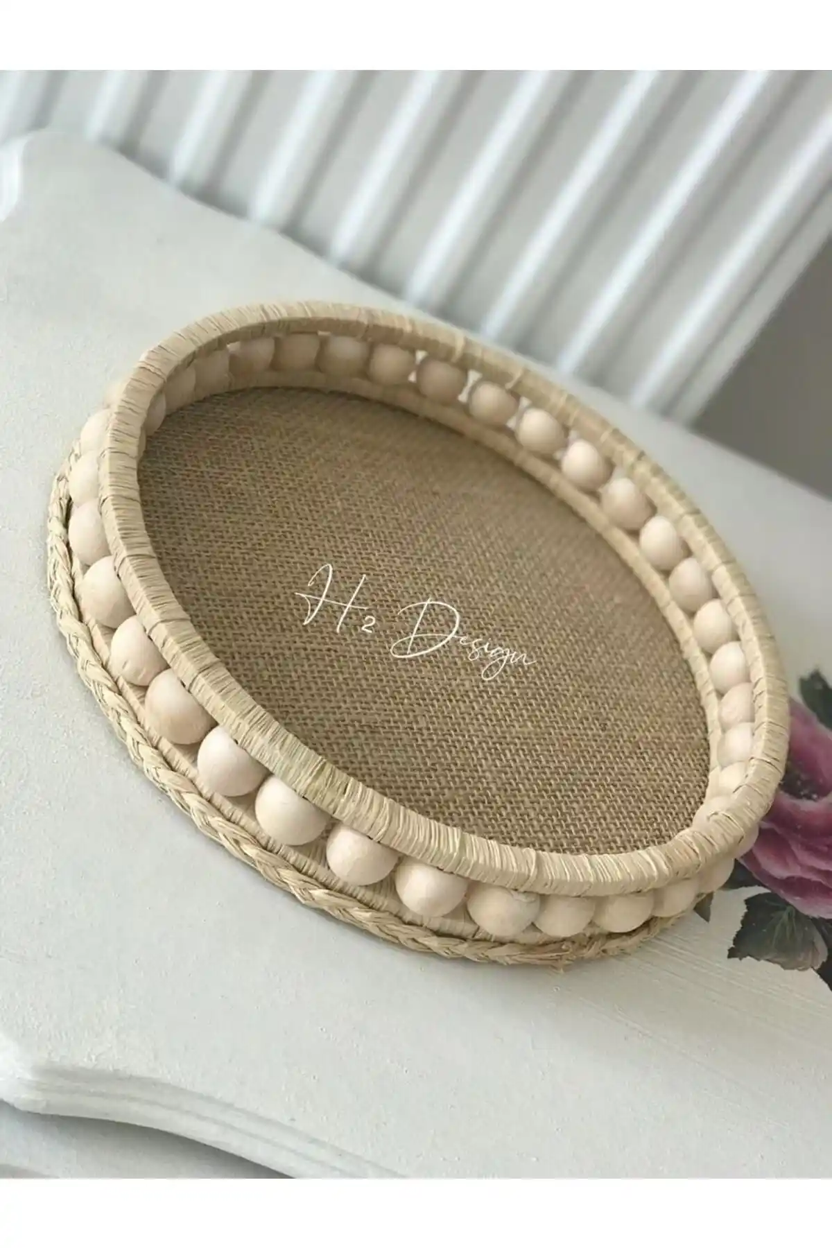 El Yapımı Ahşap Boncuklu Doğal Rafya Dekoratif Tepsi 22 Cm Ev Dekorasyonu İçin