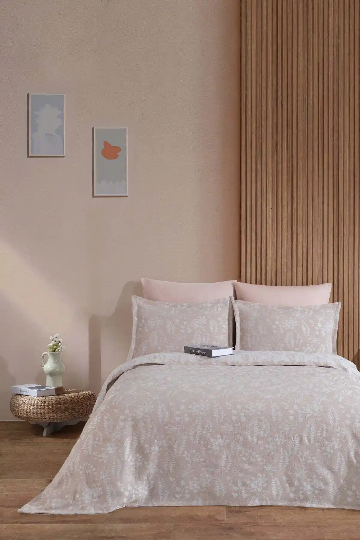 Elart Mokka Keten Görünümlü Çift Taraflı Yatak Örtüsü Pike Seti 240x230 cm