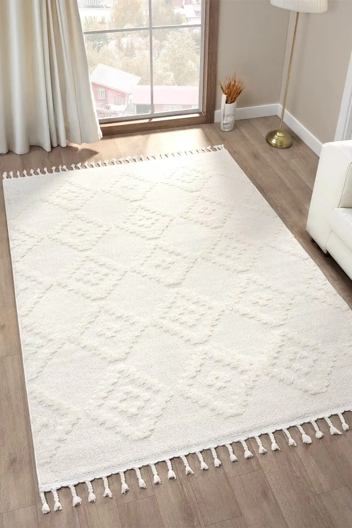 Eliz Home Beyaz Bukleli Yüksek Peluş Shaggy Dokuma Halı Modern ve Şık Tasarım