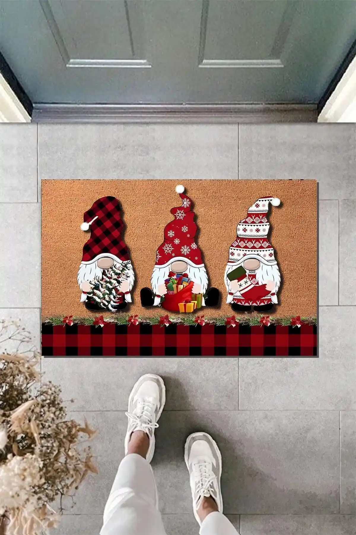 Else Dekor Sevimli Cüceler Yılbaşı Temalı Modern Kapı Paspası 45x70 cm