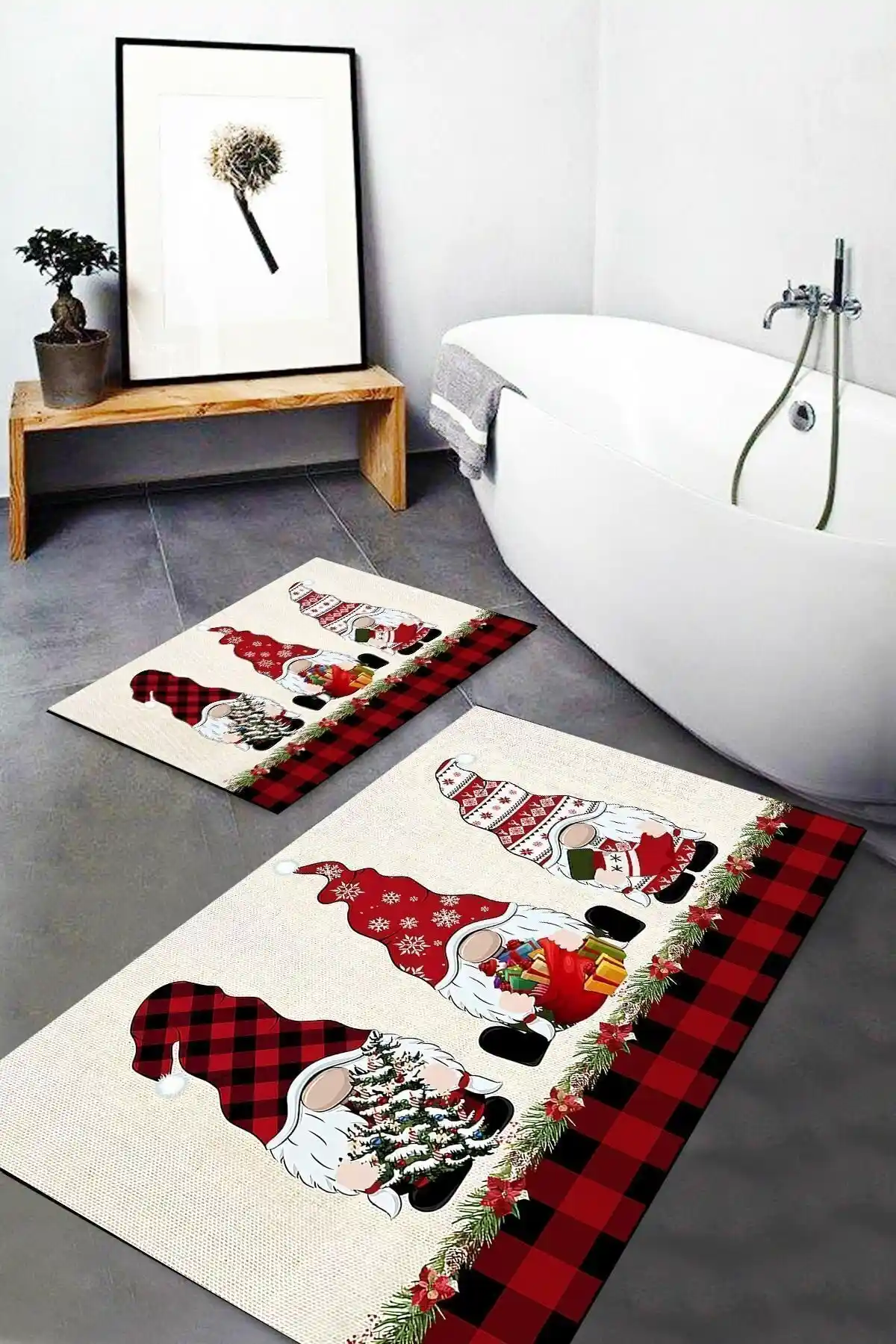 Else Dekor Yılbaşı Temalı Sevimli Kırmızı Cüceler Banyo Seti ve Kaymaz Paspas