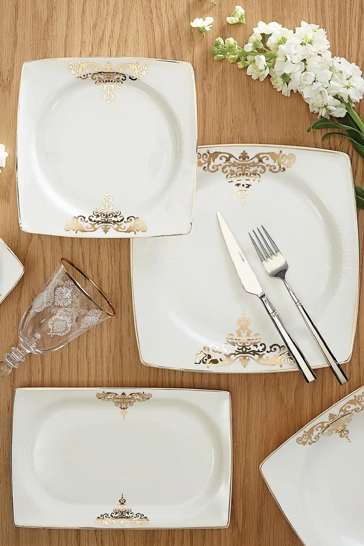 Emsan Beyaz Fine Bone Topkapı Gold 61 Parça 12 Kişilik Porselen Yemek Takımı