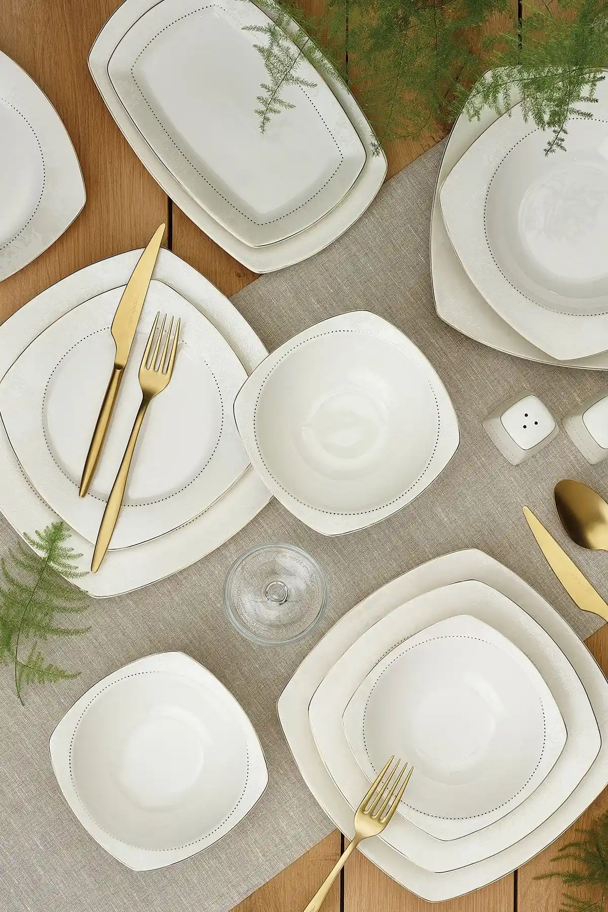 Emsan Defne 60 Parça 12 Kişilik Porselen Yemek Takımı Gold Modern ve Şık Tasarım