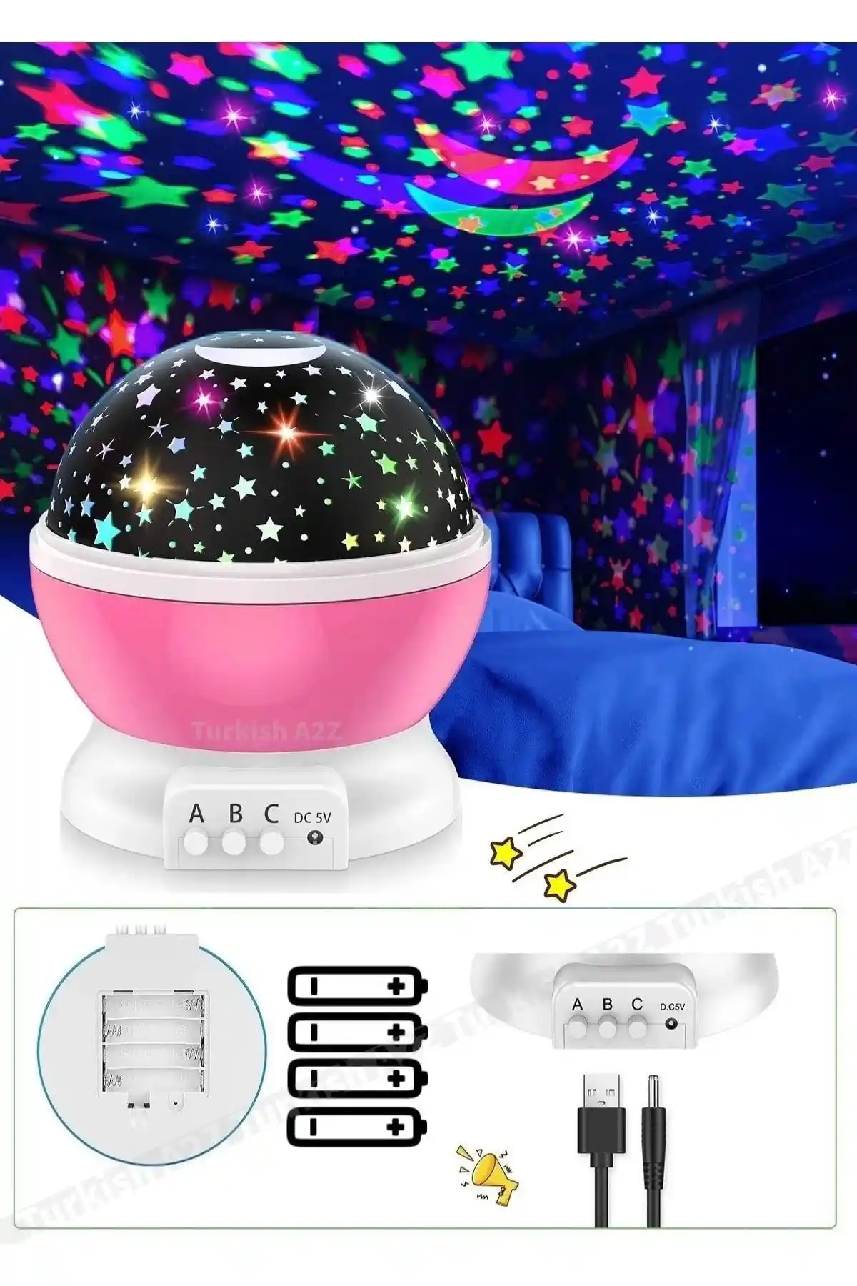 Epilons Pembe Dönen Renkli Ay Yıldızlı Gökyüzü Yansıtmalı Gece Lambası