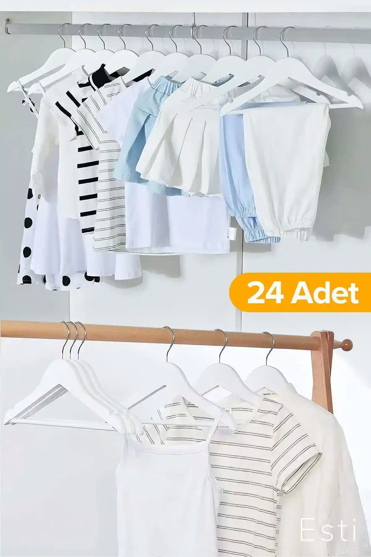 ESTİ 24 Adet Ahşap Görünümlü Çocuk ve Bebek Elbise Askısı ile Odalarınızı Düzenleyin