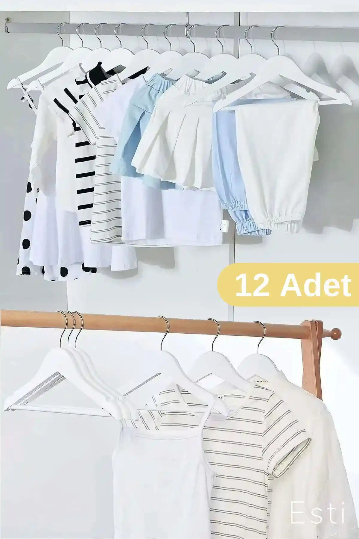 ESTİ Ahşap Görünümde Çocuk ve Bebek Elbise Askıları 12'li Paket, Dayanıklı ve Şık Tasarım
