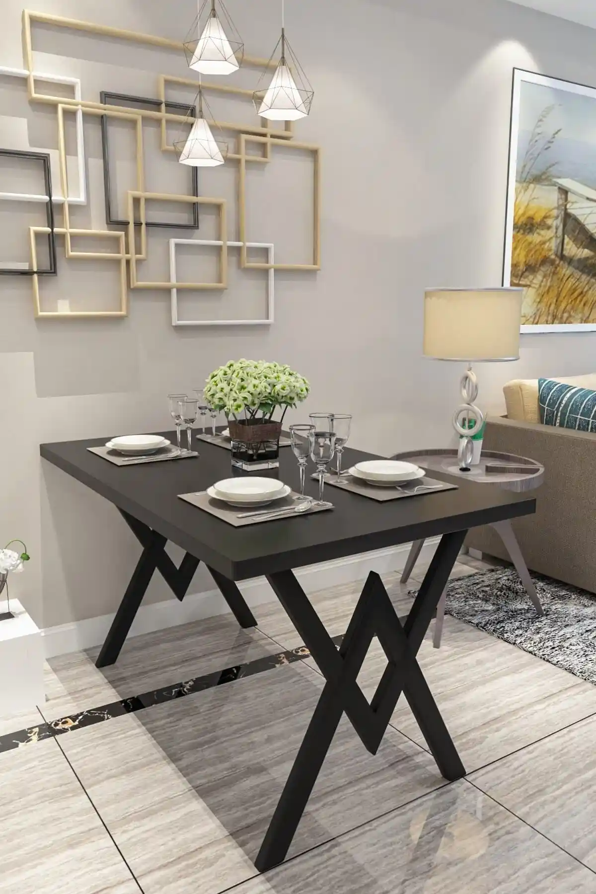 Evdemo Parla Siyah Mutfak ve Yemek Masası Modern Tasarım Dayanıklı Malzeme