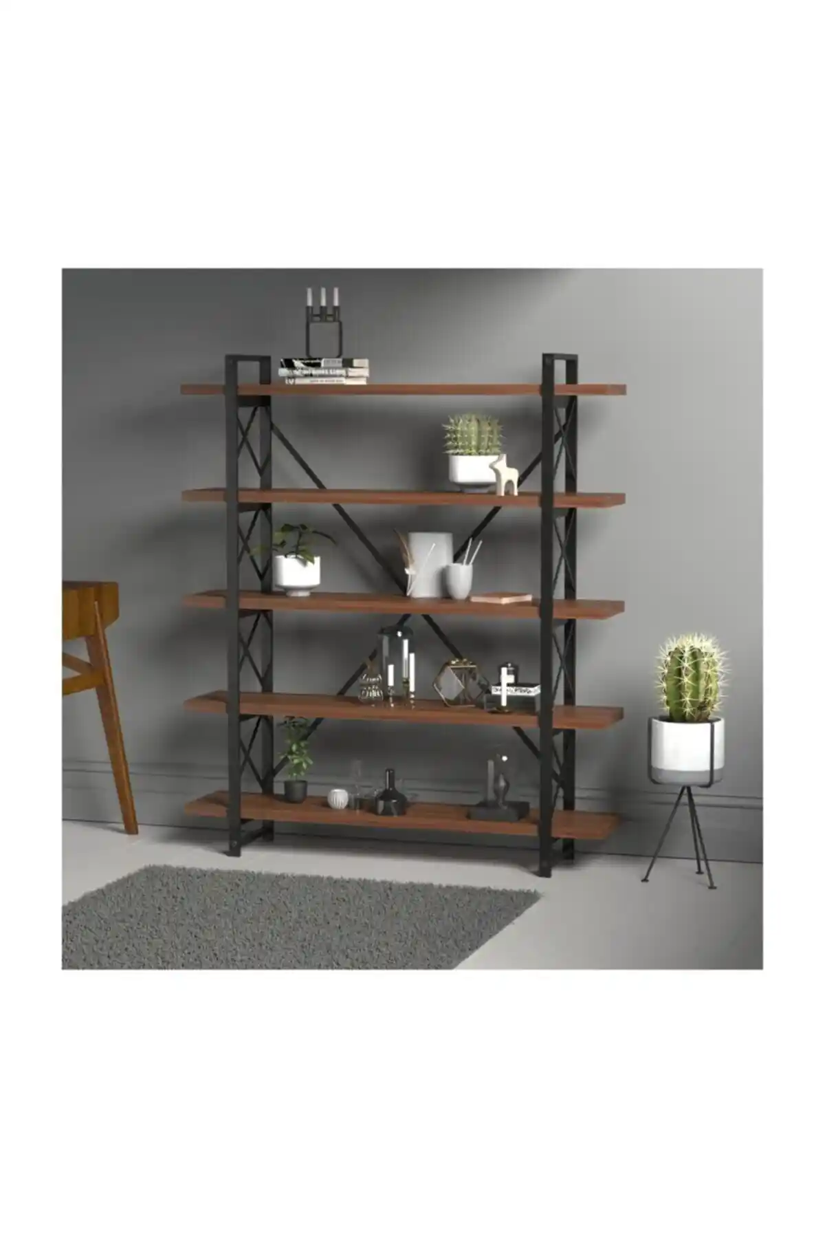 Evdemo Wood Metal Kitaplık Ceviz Renkli Şık ve Dayanıklı Depolama Çözümü