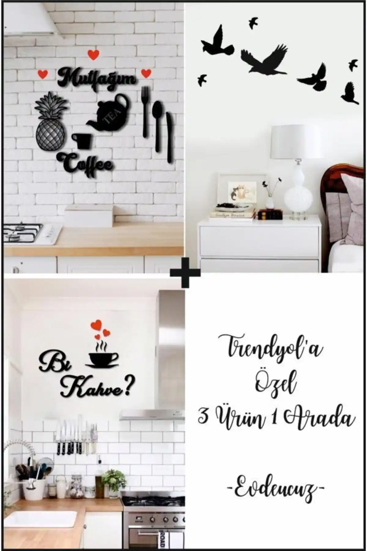 Evdeucuz 7'li kuş duvar dekoru ile modern ve doğal mutfak tasarımı