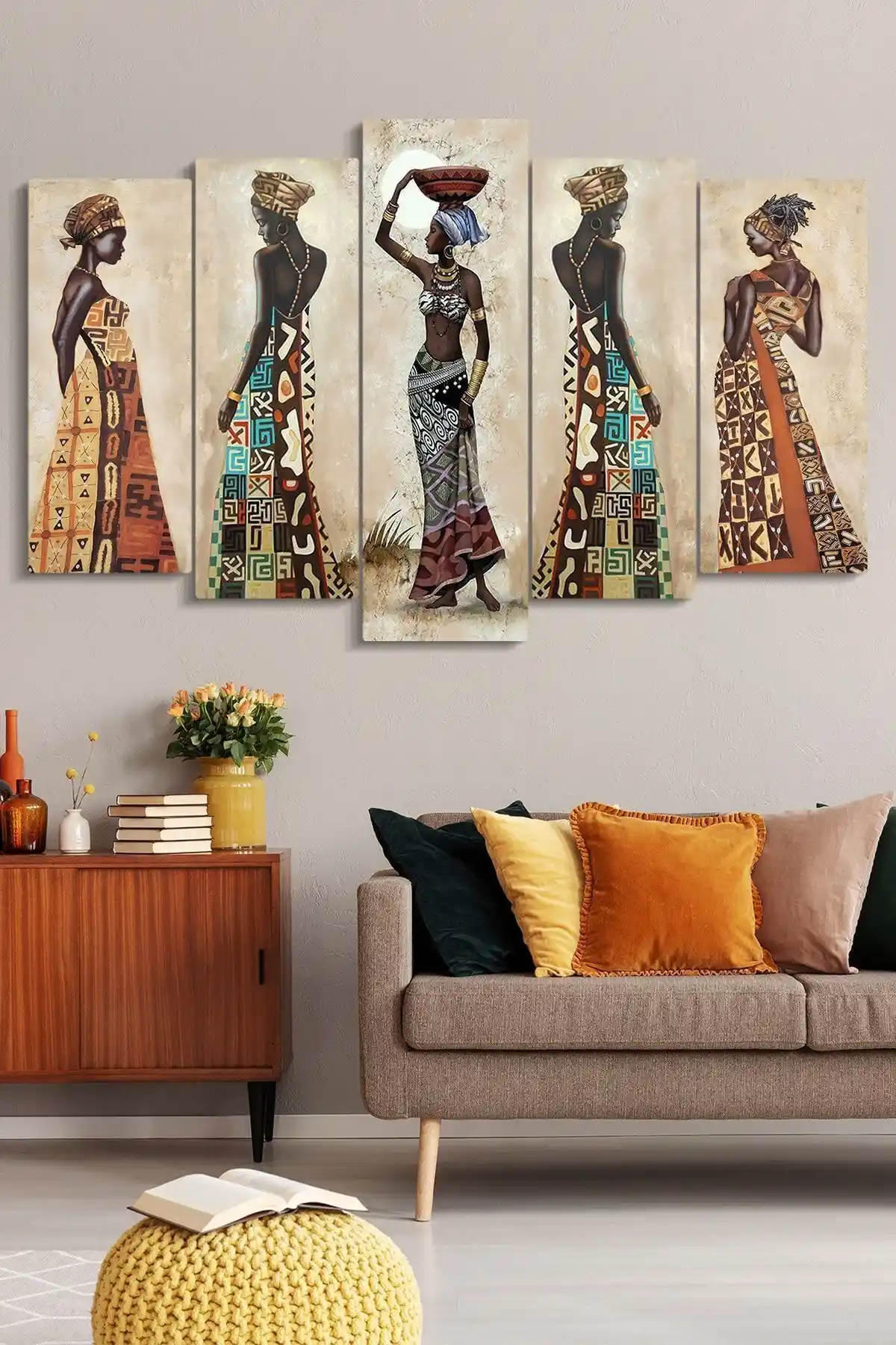 Evimemoda Afrikalı Kadınlar Temalı 5 Parçalı MDF Tablo Modern Duvar Dekoru