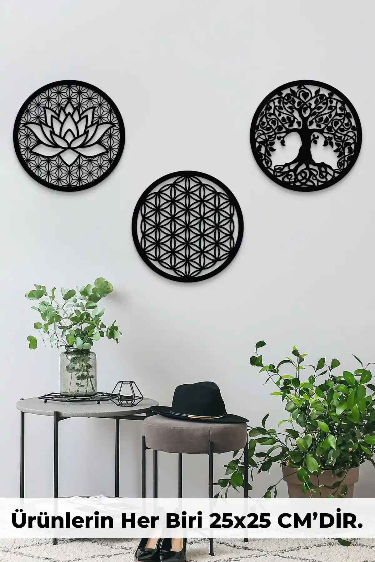 Evinemoda Hayat Ağaçı ve Lotus Çiçeği Modern Duvar Tablosu Seti 3 Parça Dekoratif Sanat