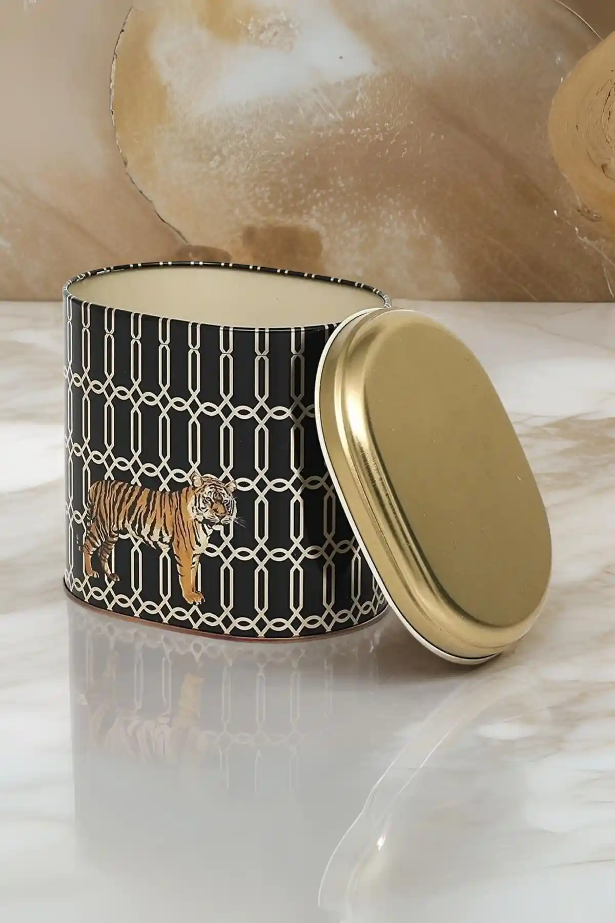 Evle Ef004-F3 Safari Tiger Desenli Oval Metal Saklama Kabı Modern ve Dayanıklı Tasarım