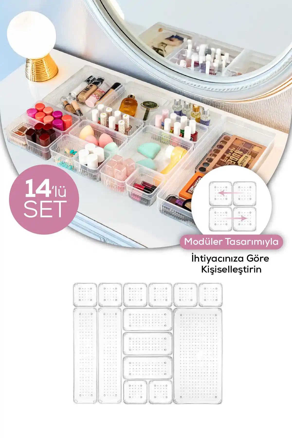 Evlinya 14 Parça Takı ve Makyaj Organizeri Beyaz Plastik Düzenleyici