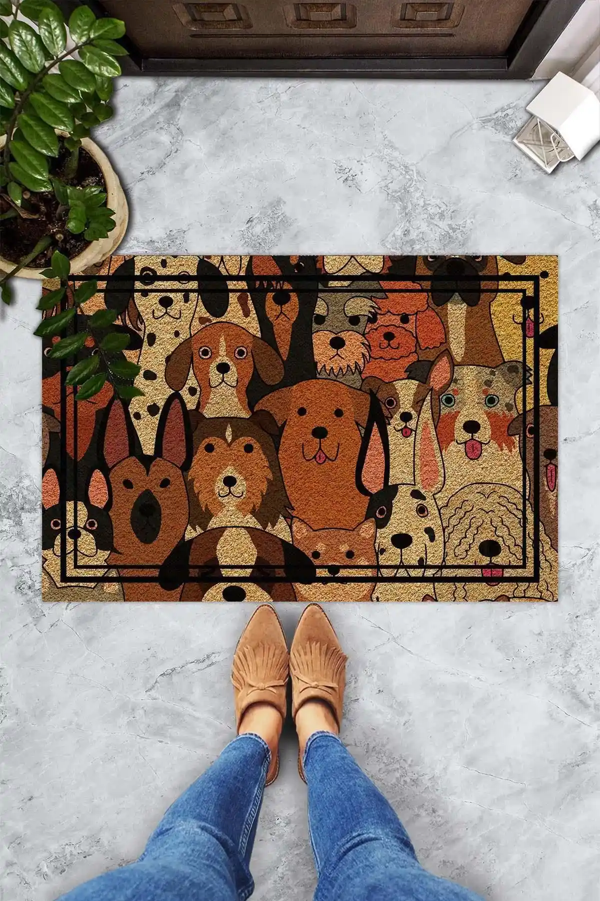 Evsebu Köpekler Temalı Dekoratif Kapı Önü Paspası Dayanıklı ve Şık Tasarım