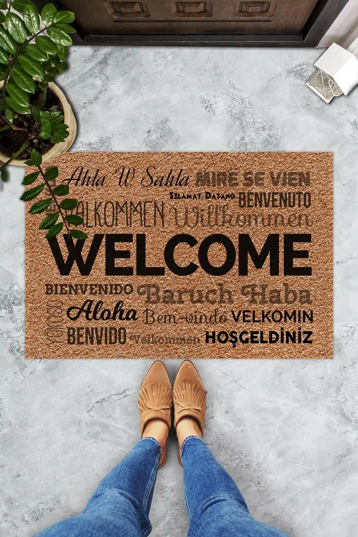 Evsebu Welcome Alkommen Dekoratif Kapı Önü Paspası Modern ve Dayanıklı Tasarım