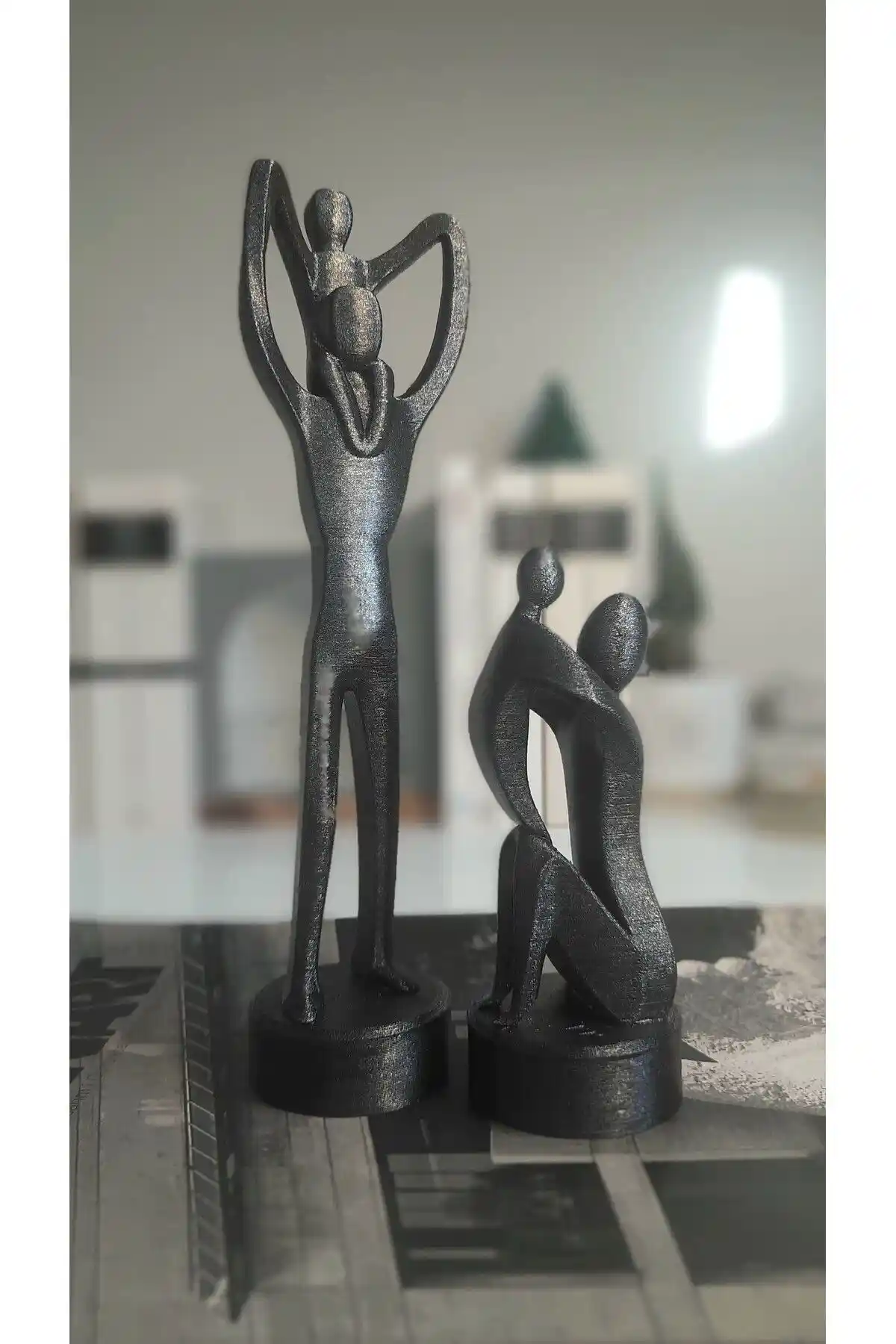 EYA STUDİO Anne Baba Çocuk Figürlü Siyah Biblo Seti Modern ve Şık Dekoratif Parça