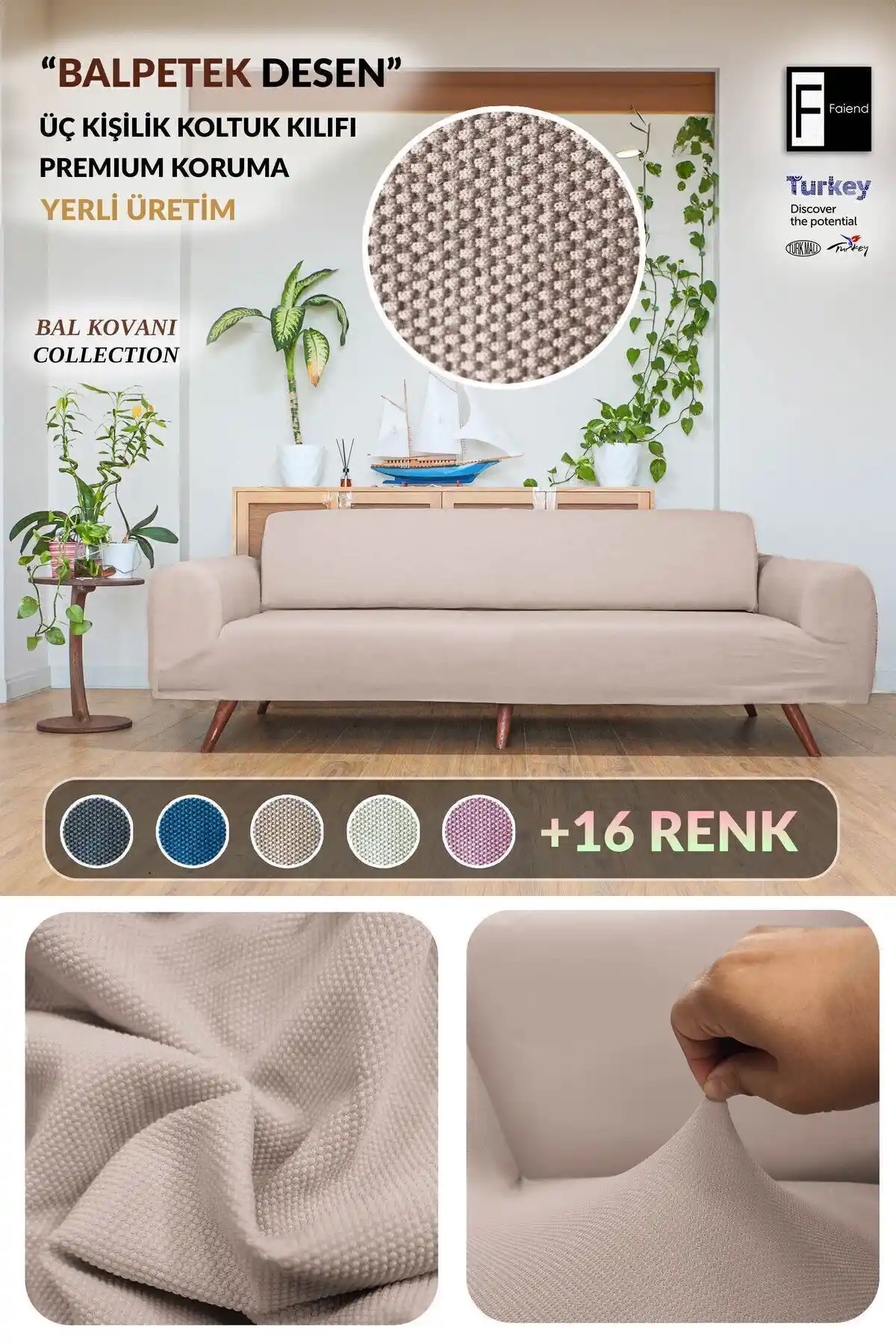 Faiend Balpeteği 3 Kişilik Vizon Lastikli Kanepe Örtüsü Modern ve Estetik Tasarım