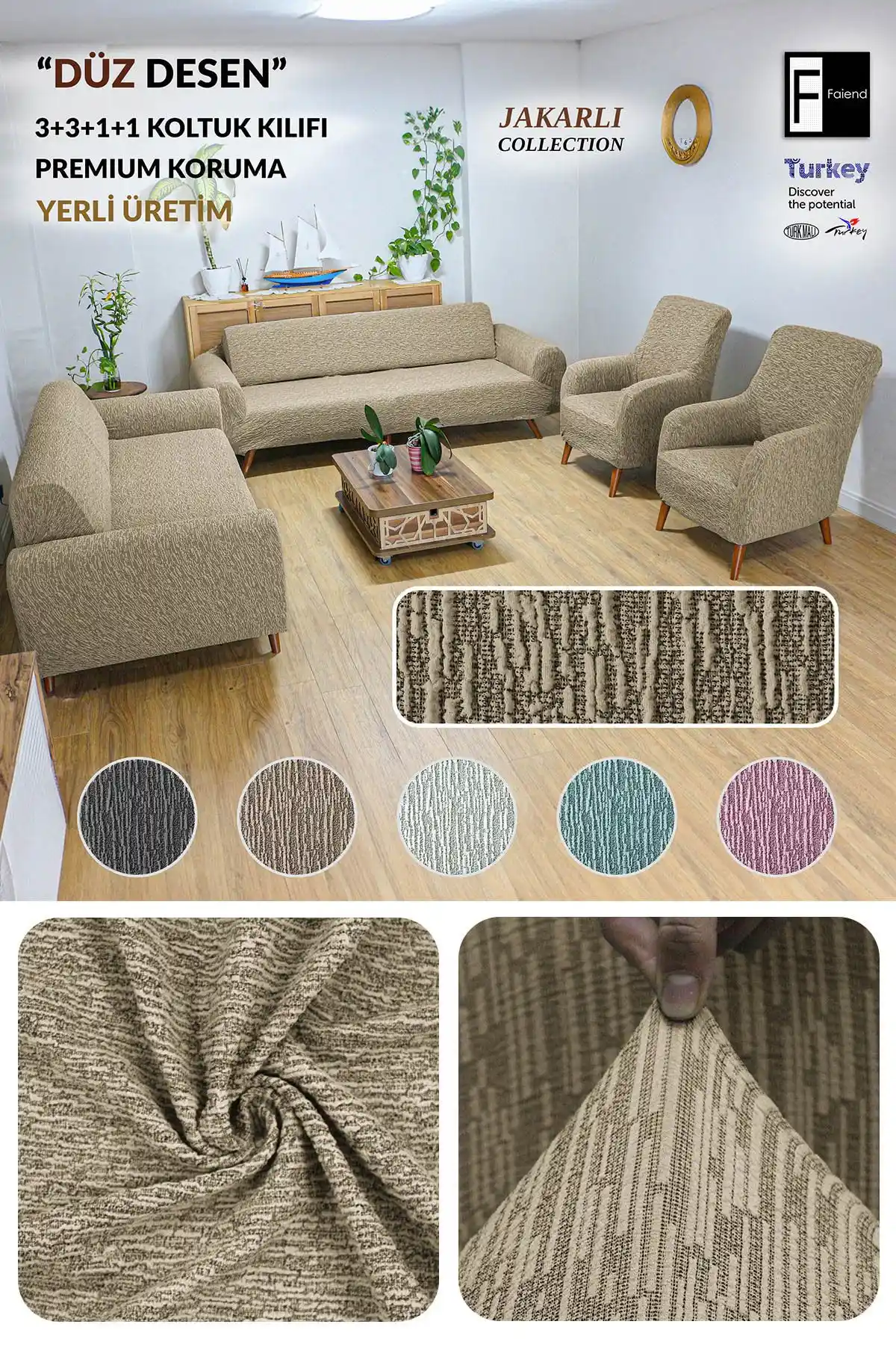 Faiend Jakarlı 3'ü 1 Arada Lastikli Kanepe Örtüsü: Estetik ve Dayanıklı Koruma Çözümü