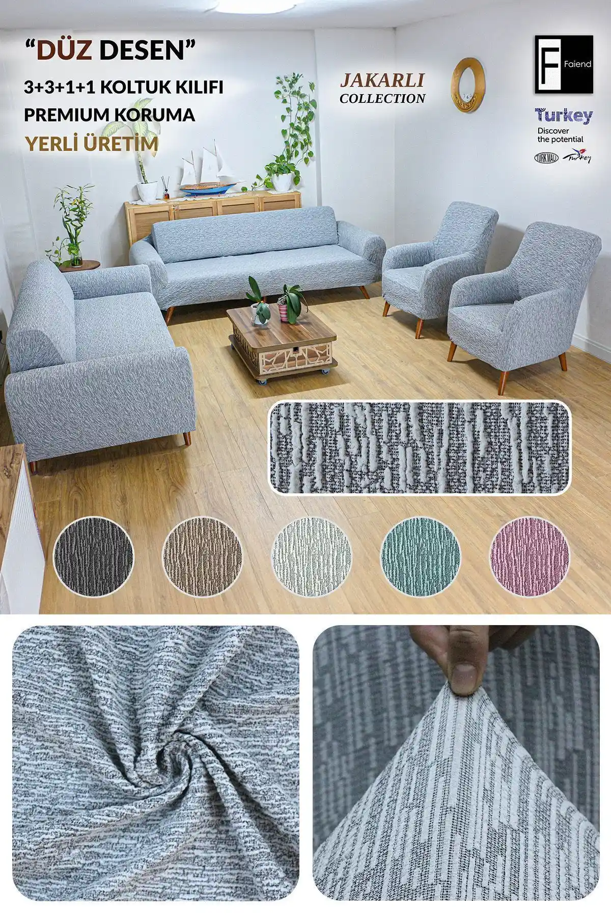 Faiend Jakarlı Düz Desen Gri Lastikli Kanepe Örtüsü Ev Dekorasyonuna Şıklık Katıyor