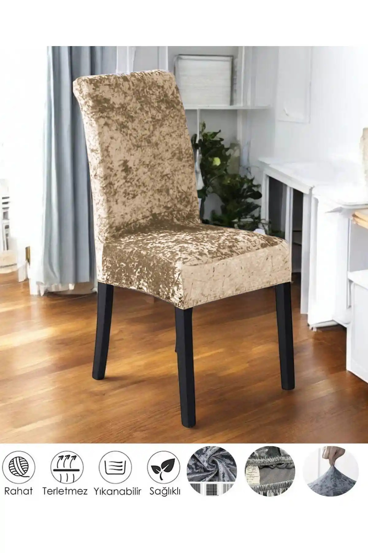 Faiend Kadife Likralı Sandalye Kılıfı Bej Renk Şıklık ve Koruma Sağlar