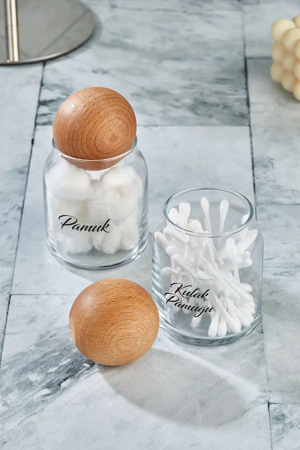 FBZhome 2'li Cam Top Kapaklı Kulak Pamuğu ve Pamuk Seti Modern Banyo Dekorasyonu İçin